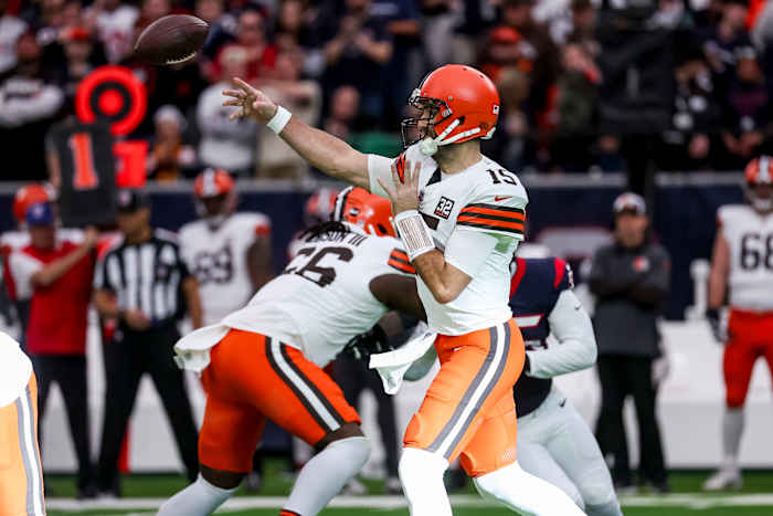 Jan 13, 2024; Houston, Texas, USA: Cleveland Browns quarterback Joe Flacco (15) throws the ball during the first quarter a 2024 AFC wild card game at NRG Stadium.